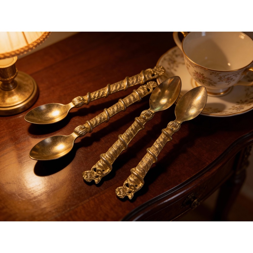 4 Florentine Gold Electroplate Mini Spoons‎ Flatware Silverware Spoons Vtg